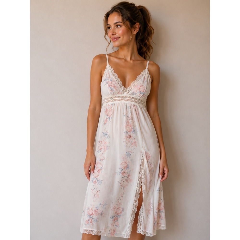 Jonquil by Diane Samandi Floral Lace Mesh Nightgown White Pink Blue PET120 Small